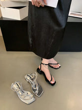 LBSFY  -  Sexy Women Sandals Clip Toe Summer Dress Shoes Black Silver Ankle Strap Party Dress Shoes Flat Low Heels Rhinestone Chain Slides